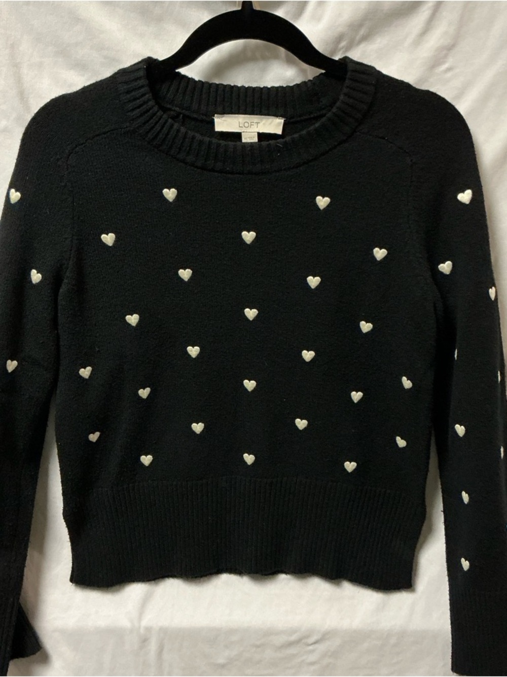 LOFT Black Crewneck Sweater with White Heart Motif